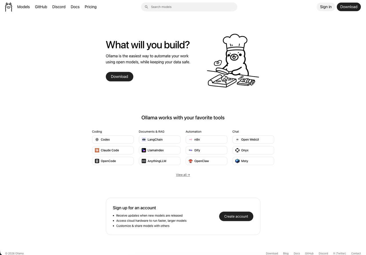 Die Ollama Homepage, auf der der Mac Installer heruntergeladen werden kann
