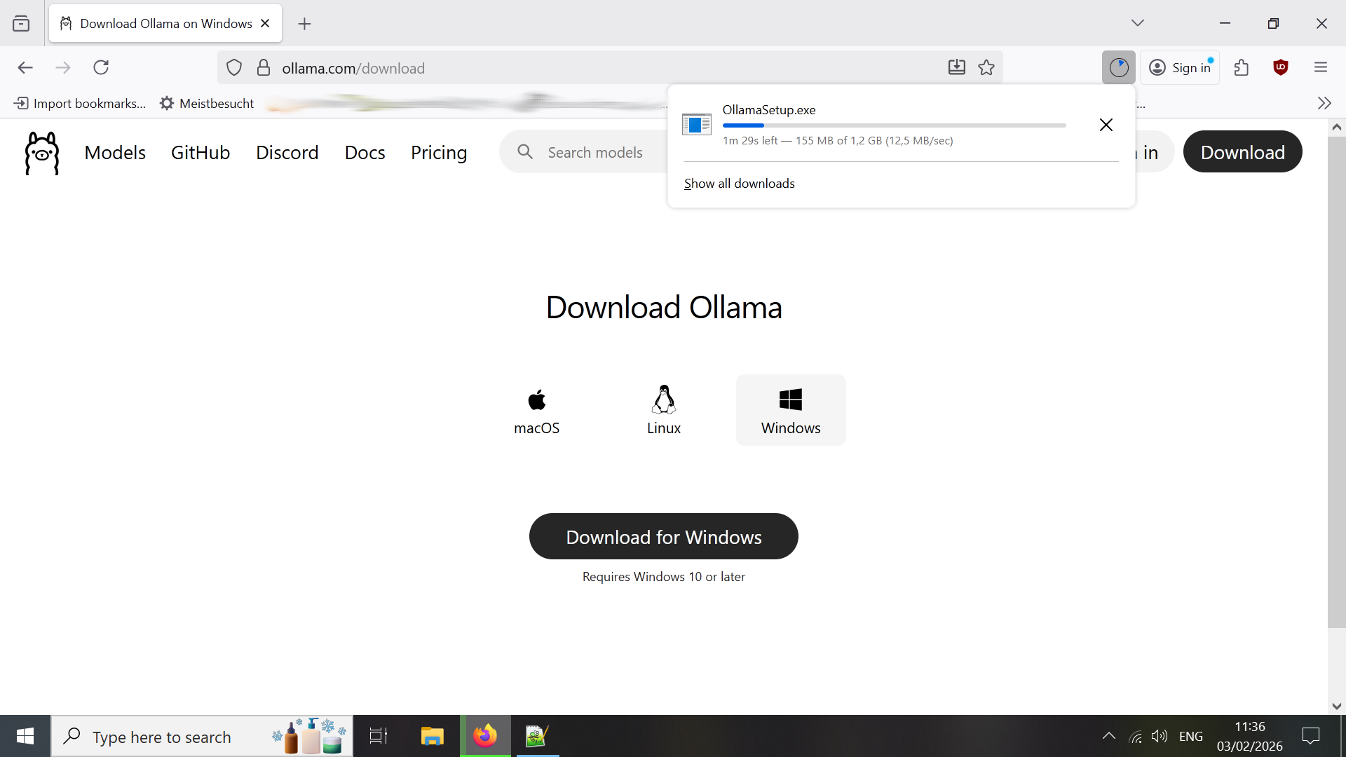 Ein Screenshot der Ollama Windows Downloadseite